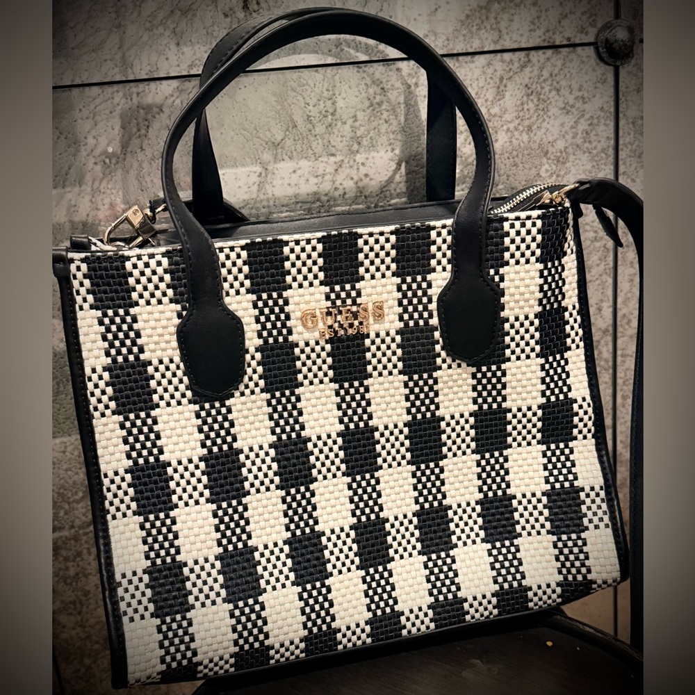 Guess Black And White Checkered Tote - Picture 2 of 10